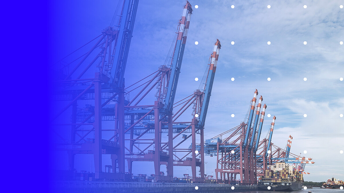 Container cranes at the harbour under a blue sky, left half of the image with blue colour gradient and white dots.