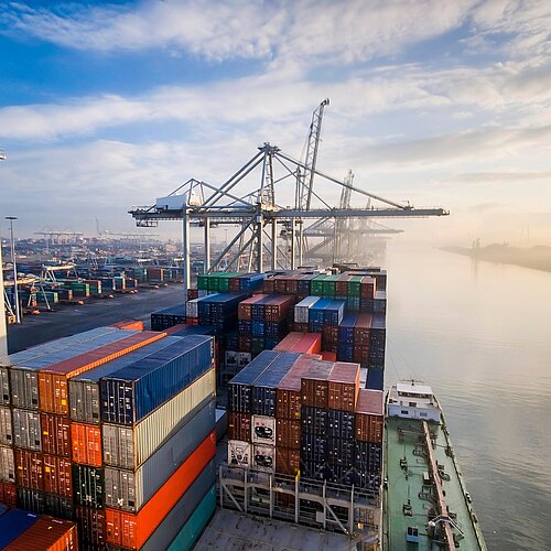 Container stacks and cranes in the port of Rotterdam on a river under a slightly cloudy sky.