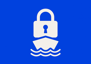 Icon representing port security: A white padlock above a stylized ship with waves on a blue background.