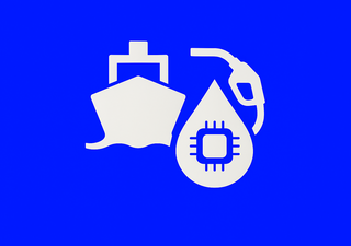 Icon showing a ship silhouette, fuel nozzle, and a drop with a chip, representing smart bunkering and digitalised fuel supply in ports