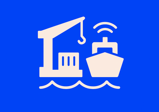 Icon for autonomous port terminals: White quay crane next to a ship with wireless signals on a blue background